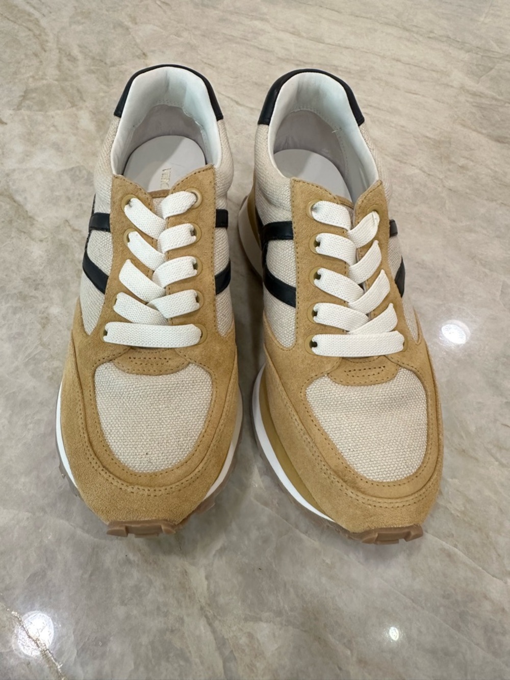 Veronica Beard Tan Suede & Beige Canvas Sneakers with Black Accents - Picture 2 of 7